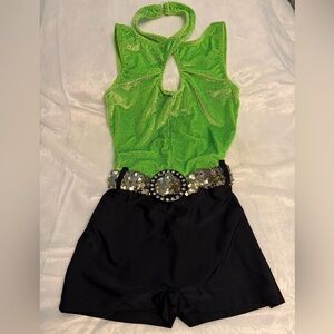 💚 Dance / Performance Costume – Green & Black – Rhinestone Belt 💚